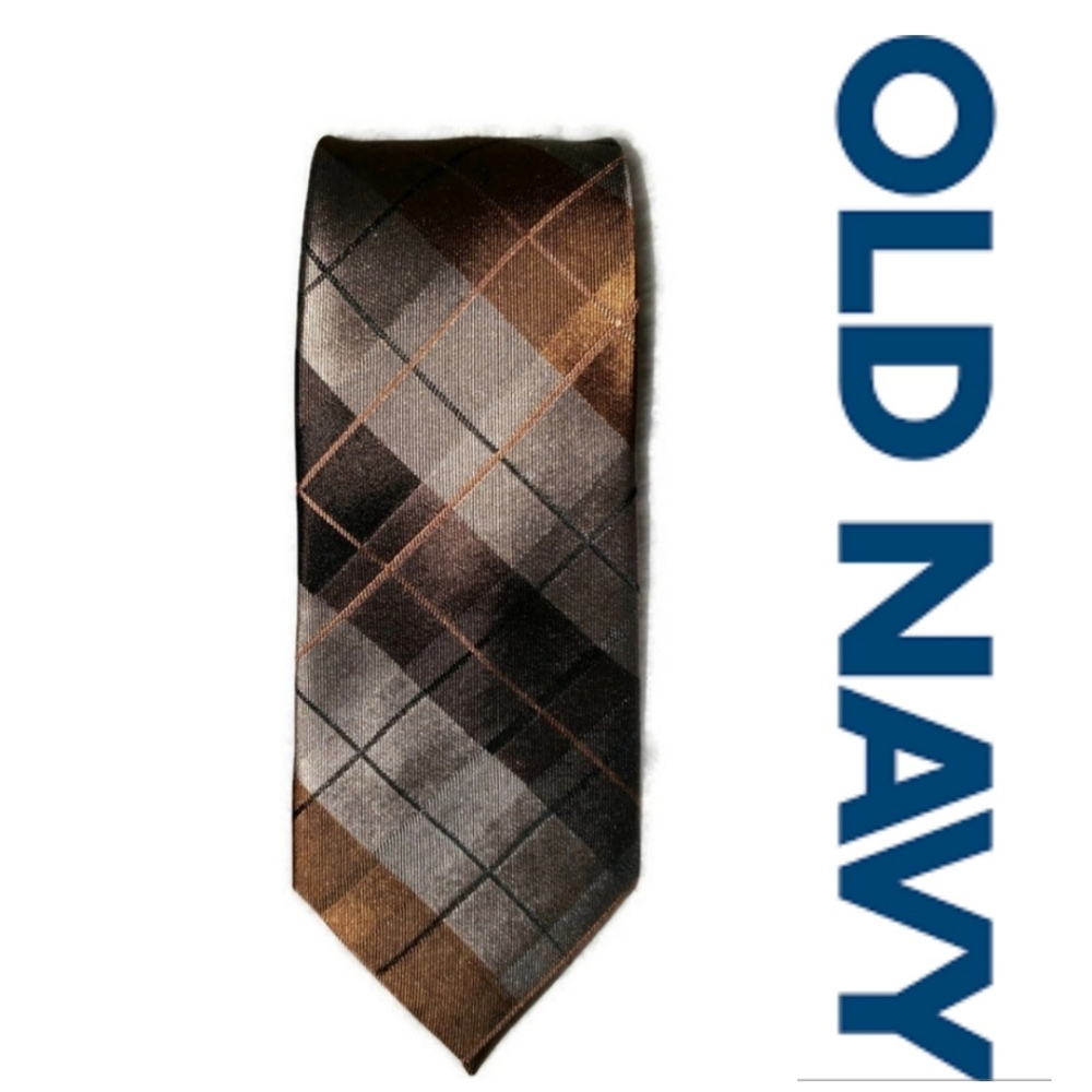 Old Navy Necktie in brown, grey, and tan diagonal plaid